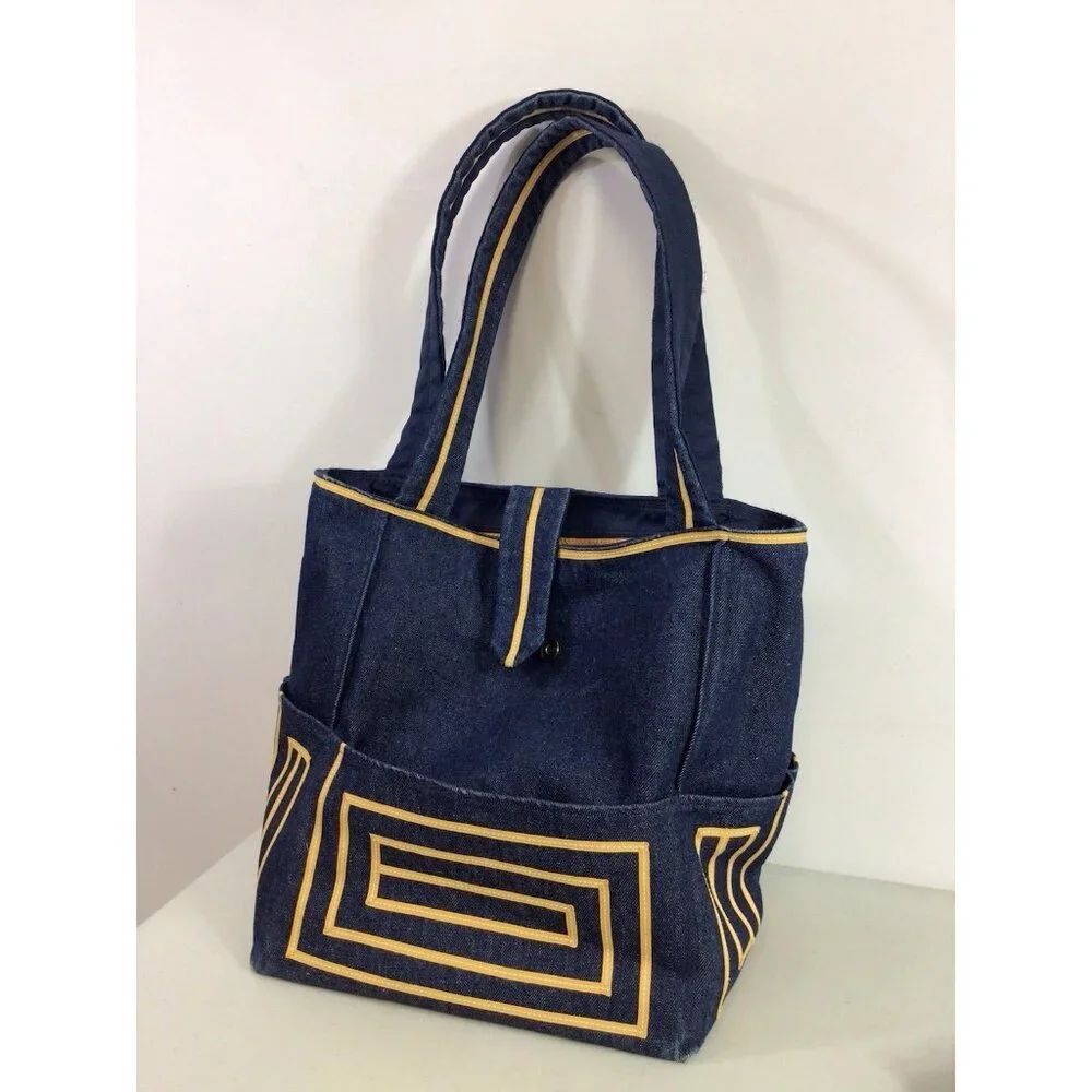 Large Vintage Denim Tote Bag Blue Jean Shoulder Carryall Handbag